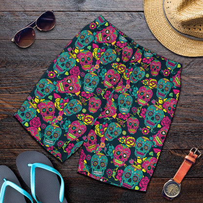 Sugar Skull Floral Design Themed Print Mens Shorts-JTAMIGO.COM