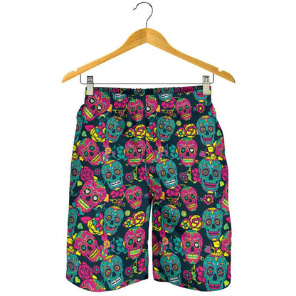 Sugar Skull Floral Design Themed Print Mens Shorts-JTAMIGO.COM