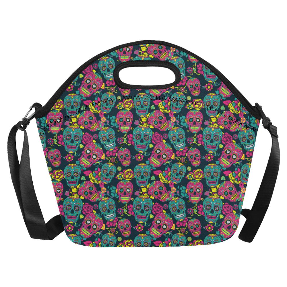 Sugar Skull Floral Design Themed Print Neoprene Lunch Bag (Model 1669)(Large)-JTAMIGO.COM
