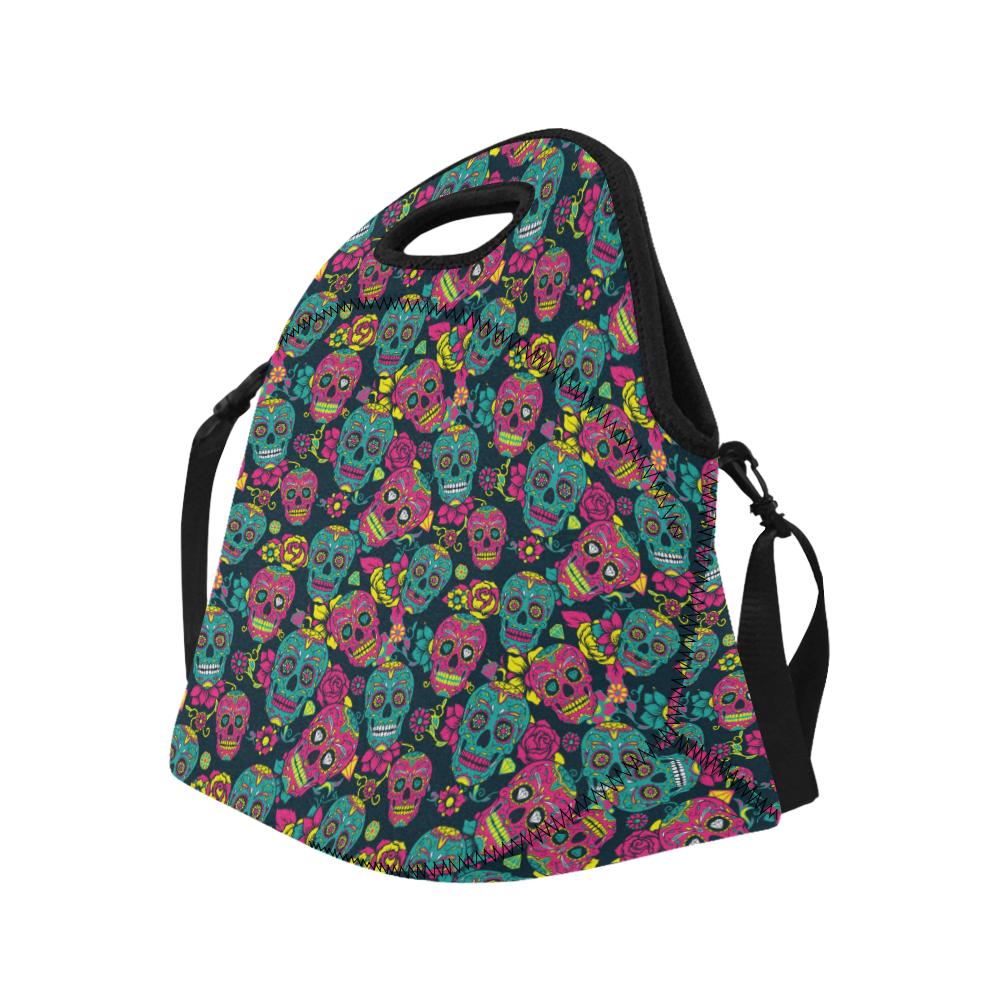 Sugar Skull Floral Design Themed Print Neoprene Lunch Bag (Model 1669)(Large)-JTAMIGO.COM