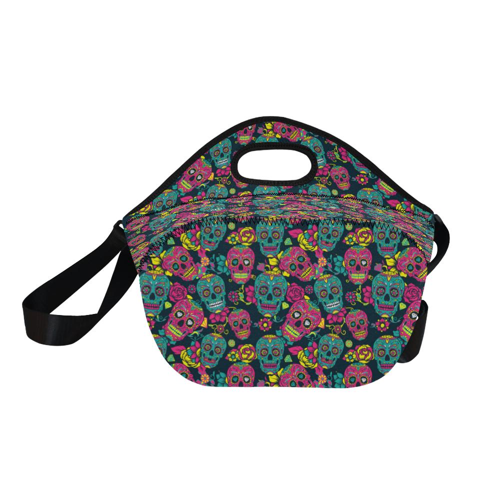 Sugar Skull Floral Design Themed Print Neoprene Lunch Bag (Model 1669)(Large)-JTAMIGO.COM