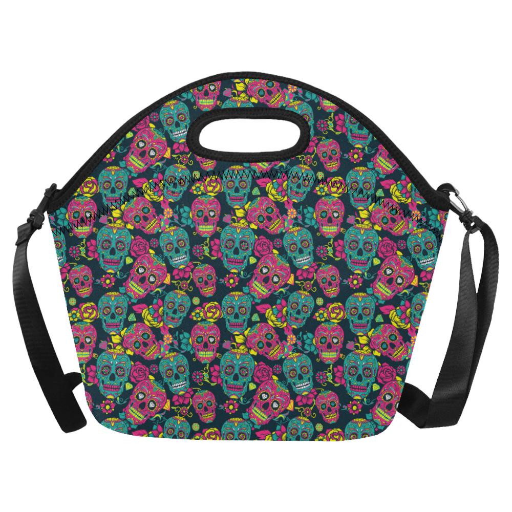 Sugar Skull Floral Design Themed Print Neoprene Lunch Bag (Model 1669)(Large)-JTAMIGO.COM