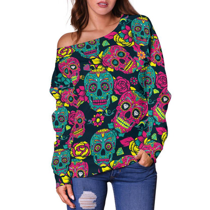 Sugar Skull Floral Design Themed Print Off Shoulder Sweatshirt