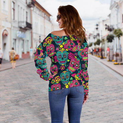 Sugar Skull Floral Design Themed Print Off Shoulder Sweatshirt