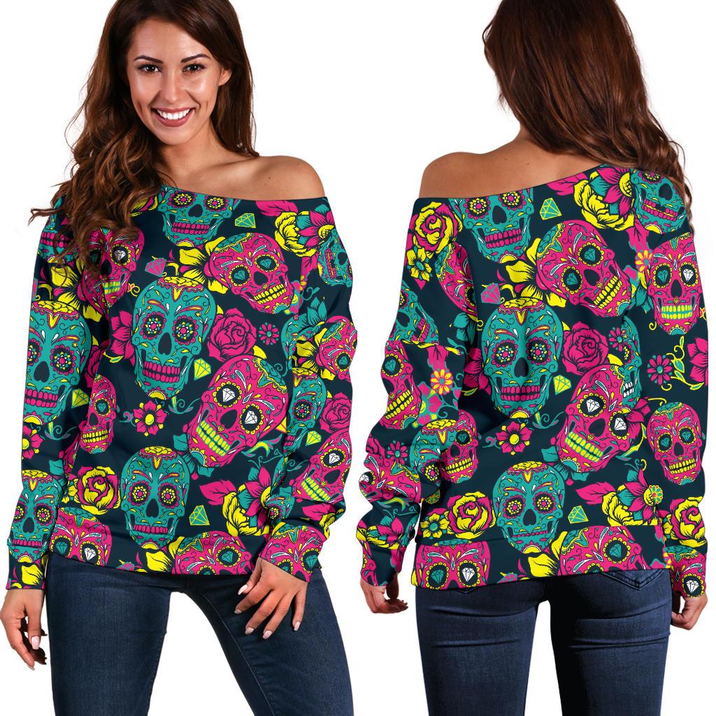 Sugar Skull Floral Design Themed Print Off Shoulder Sweatshirt
