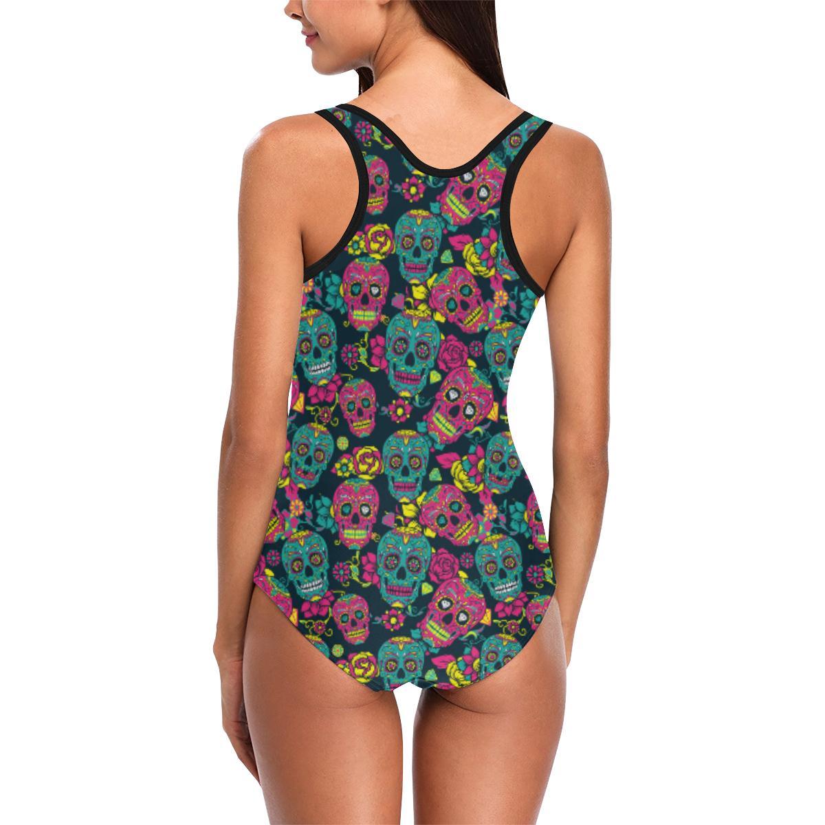 Sugar Skull Floral Design Themed Print One Piece Swimsuit-JTAMIGO.COM