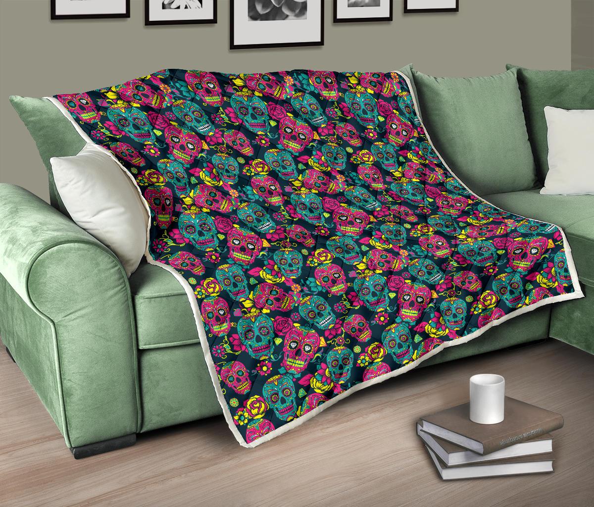Sugar Skull Floral Design Themed Print Premium Quilt-JTAMIGO.COM