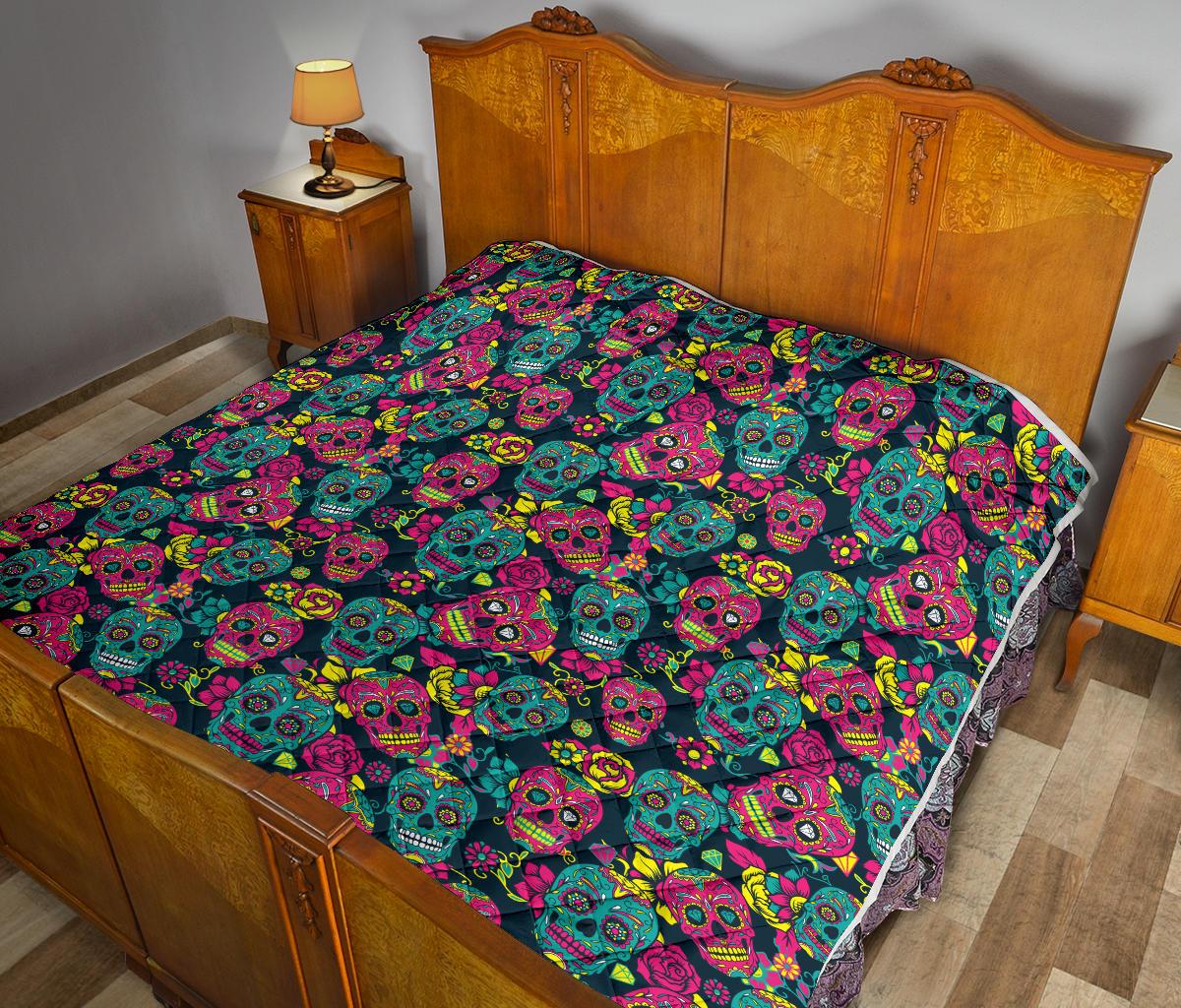 Sugar Skull Floral Design Themed Print Premium Quilt-JTAMIGO.COM