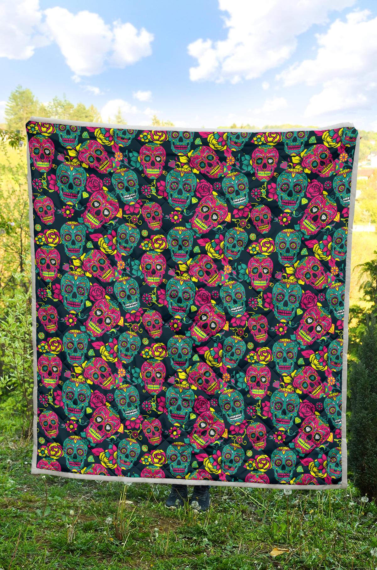 Sugar Skull Floral Design Themed Print Premium Quilt-JTAMIGO.COM