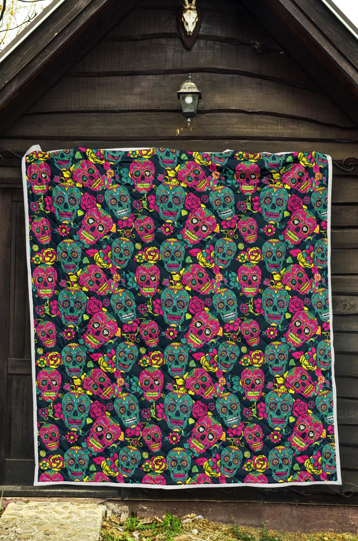 Sugar Skull Floral Design Themed Print Premium Quilt-JTAMIGO.COM