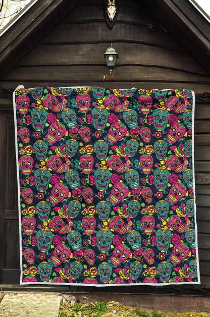 Sugar Skull Floral Design Themed Print Premium Quilt-JTAMIGO.COM