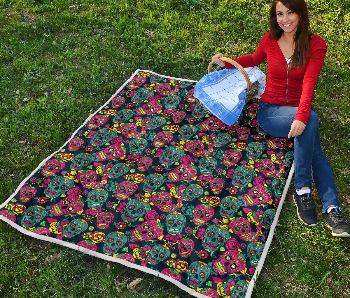 Sugar Skull Floral Design Themed Print Premium Quilt-JTAMIGO.COM