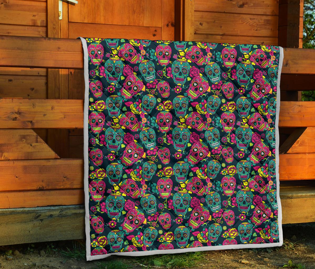 Sugar Skull Floral Design Themed Print Premium Quilt-JTAMIGO.COM
