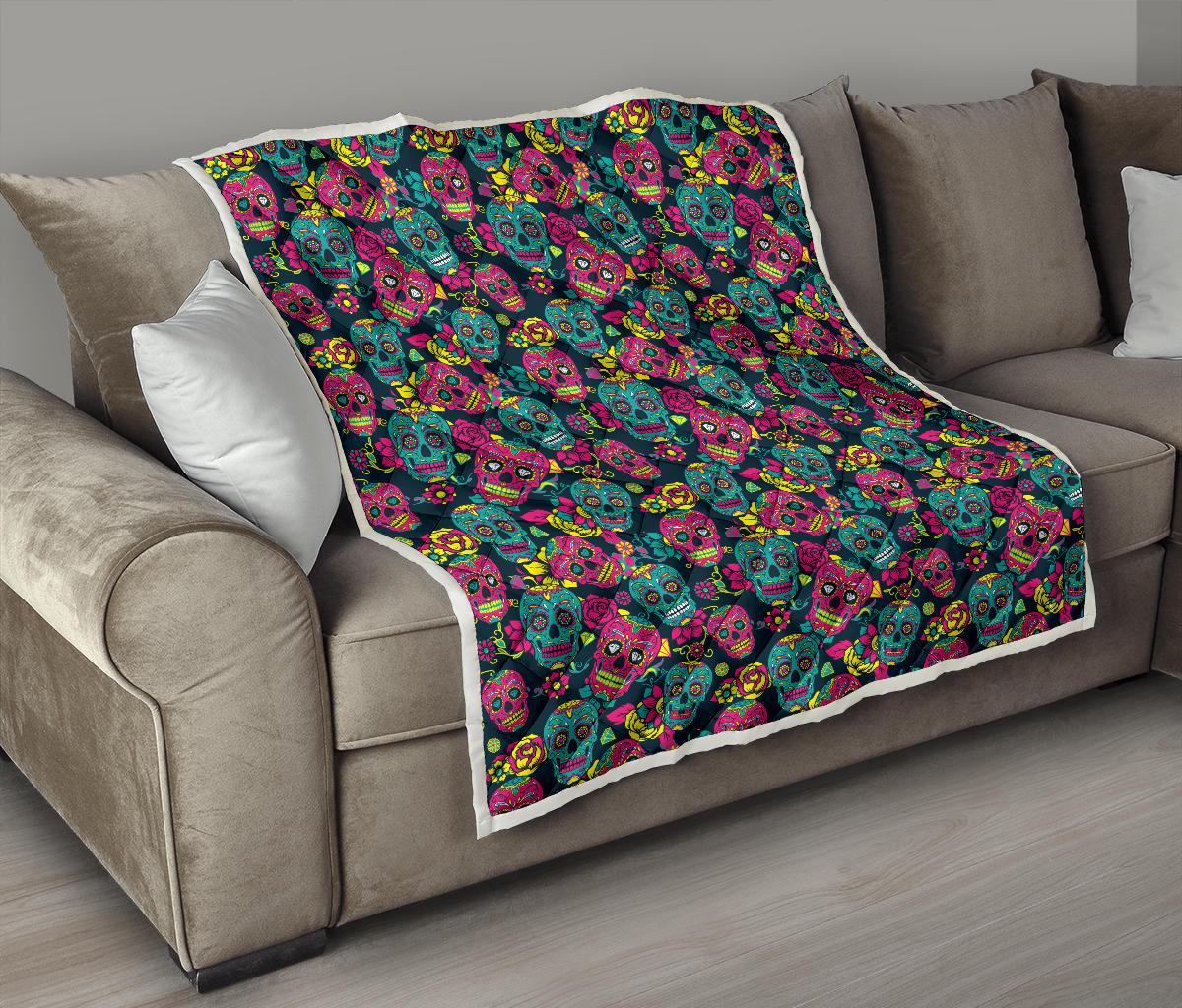 Sugar Skull Floral Design Themed Print Premium Quilt-JTAMIGO.COM