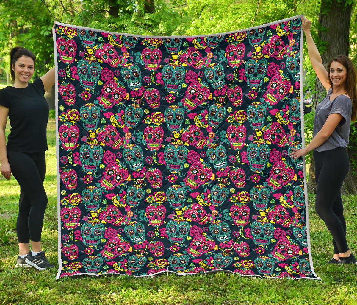 Sugar Skull Floral Design Themed Print Premium Quilt-JTAMIGO.COM