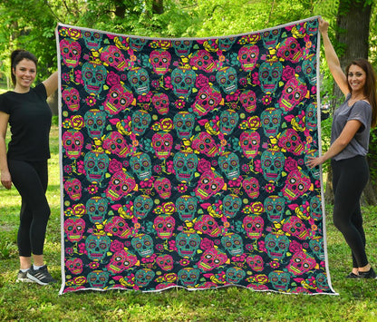 Sugar Skull Floral Design Themed Print Premium Quilt-JTAMIGO.COM