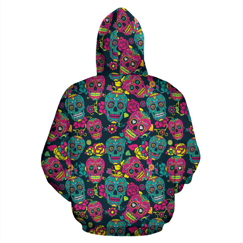 Sugar Skull Floral Design Themed Print Pullover Hoodie