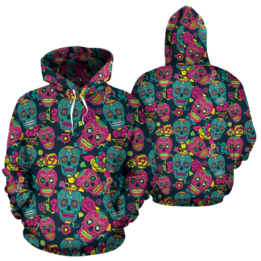Sugar Skull Floral Design Themed Print Pullover Hoodie