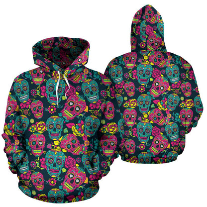 Sugar Skull Floral Design Themed Print Pullover Hoodie