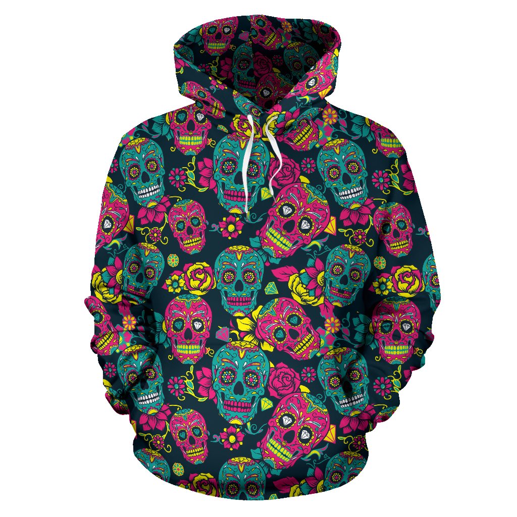 Sugar Skull Floral Design Themed Print Pullover Hoodie