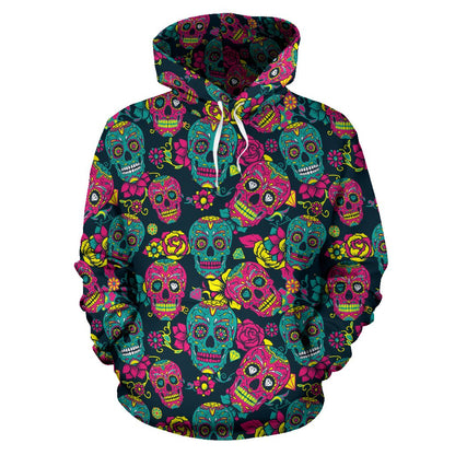 Sugar Skull Floral Design Themed Print Pullover Hoodie