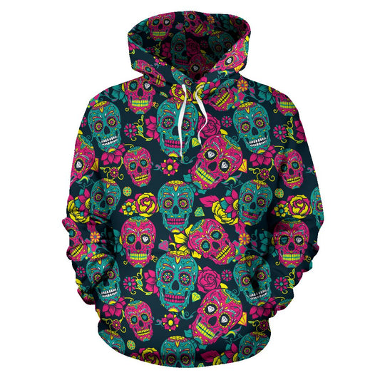 Sugar Skull Floral Design Themed Print Pullover Hoodie