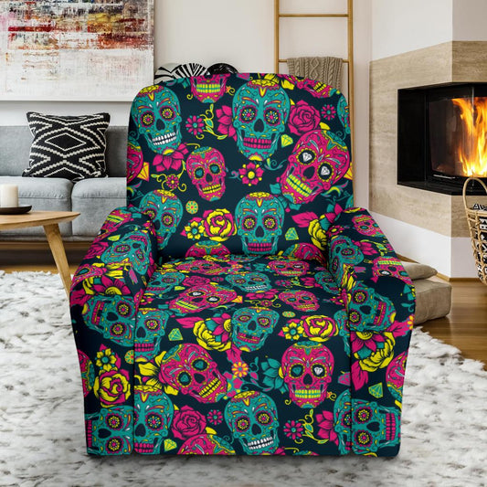 Sugar Skull Floral Design Themed Print Single Sofa Slipcover -JTAMIGO.COM