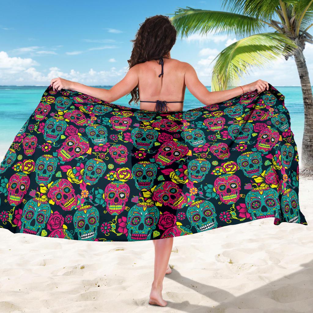 Sugar Skull Floral Design Themed Print Sarong Pareo Wrap