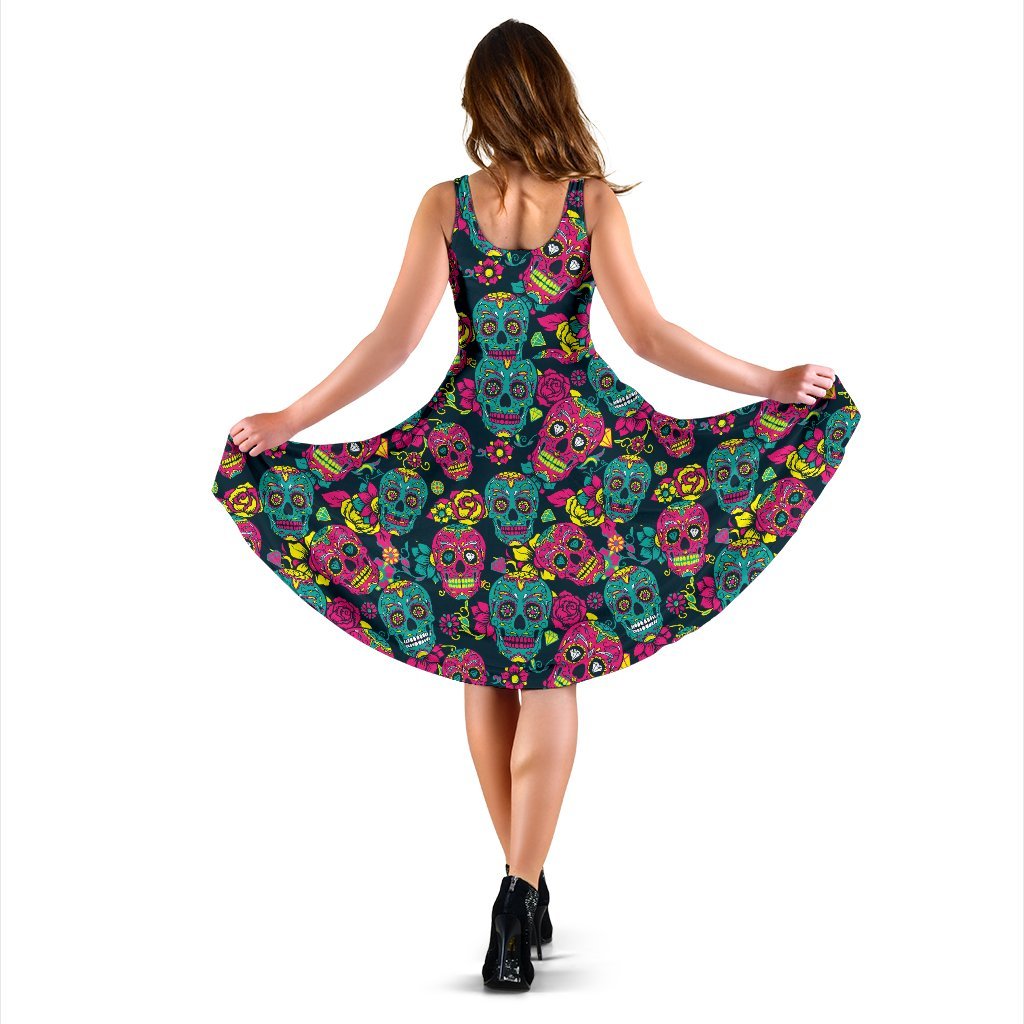Sugar Skull Floral Design Themed Print Sleeveless Dress