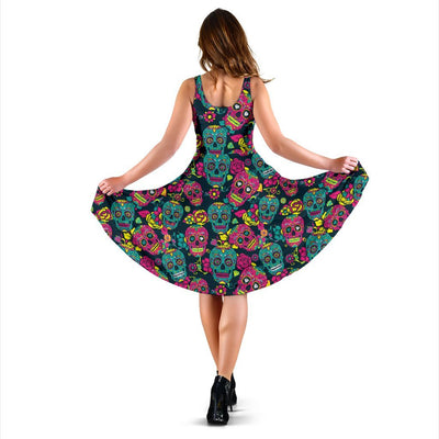Sugar Skull Floral Design Themed Print Sleeveless Dress