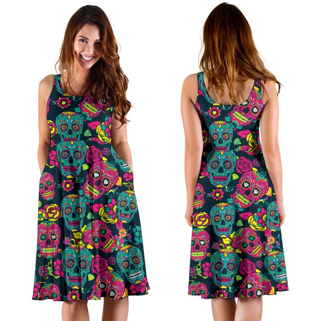 Sugar Skull Floral Design Themed Print Sleeveless Dress