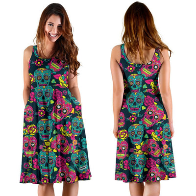 Sugar Skull Floral Design Themed Print Sleeveless Dress