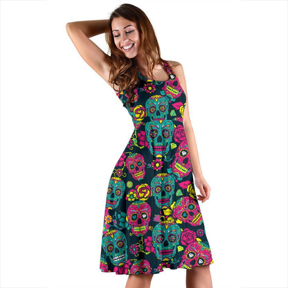 Sugar Skull Floral Design Themed Print Sleeveless Dress