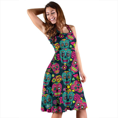 Sugar Skull Floral Design Themed Print Sleeveless Dress