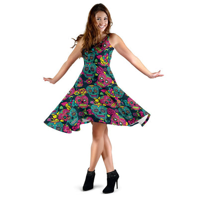 Sugar Skull Floral Design Themed Print Sleeveless Dress