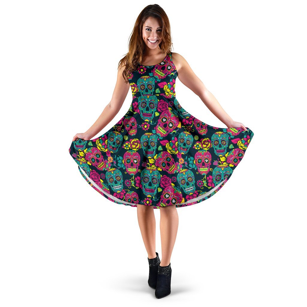 Sugar Skull Floral Design Themed Print Sleeveless Dress