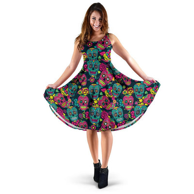 Sugar Skull Floral Design Themed Print Sleeveless Dress