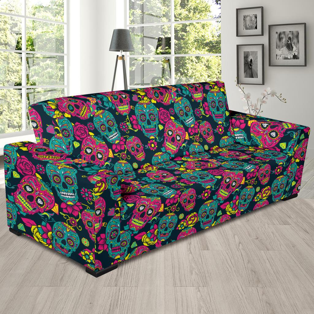 Sugar Skull Floral Design Themed Print Sofa Slipcover-JTAMIGO.COM