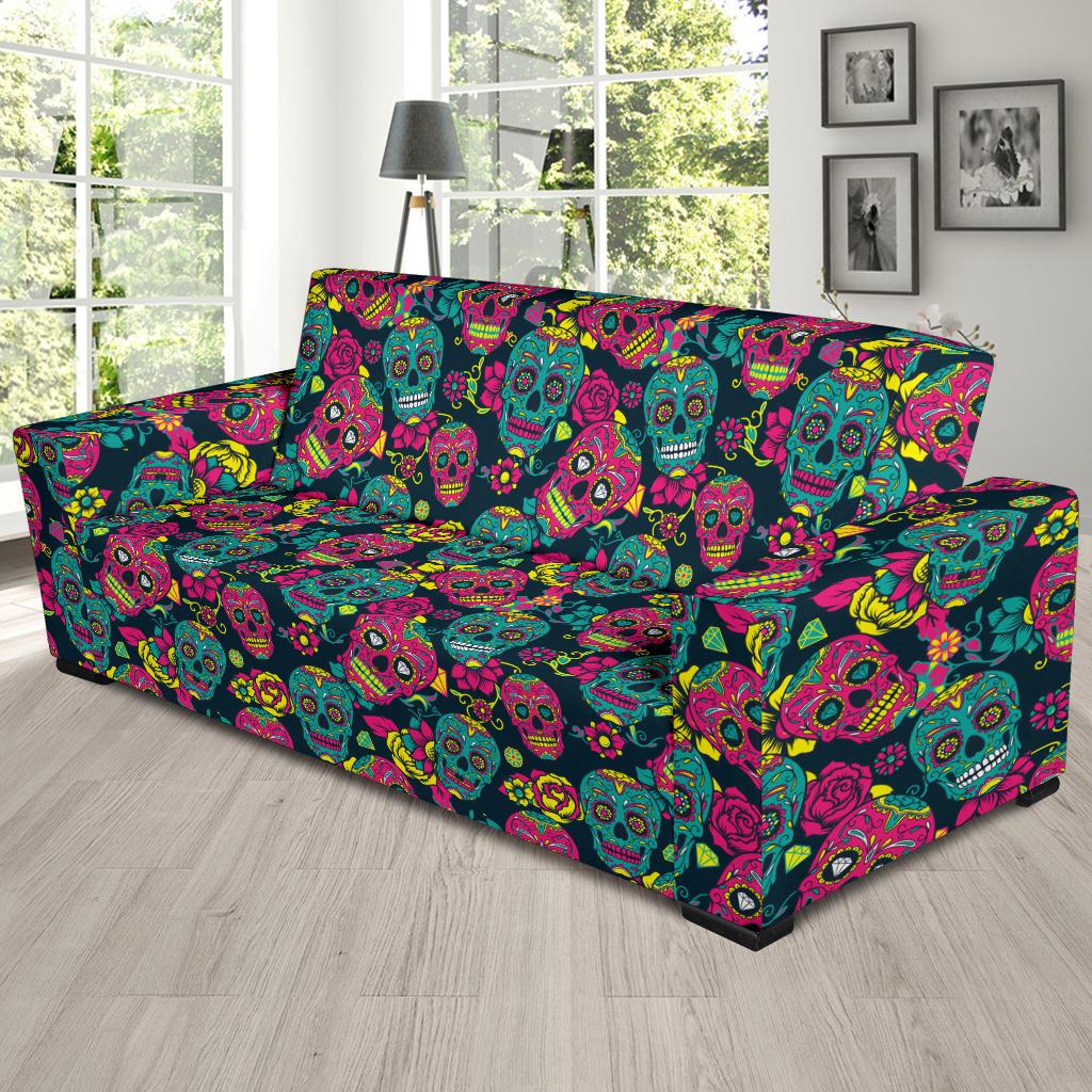 Sugar Skull Floral Design Themed Print Sofa Slipcover-JTAMIGO.COM