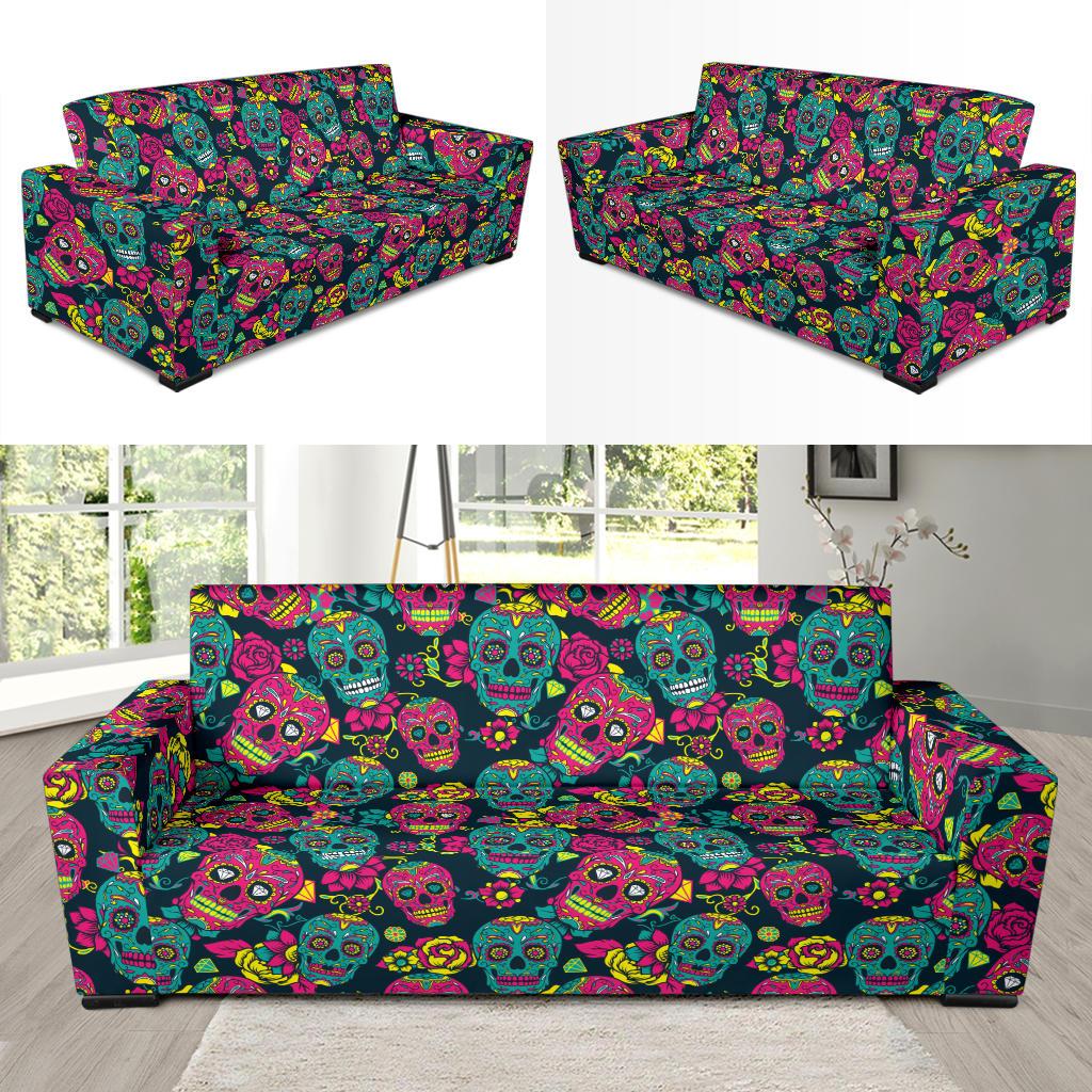 Sugar Skull Floral Design Themed Print Sofa Slipcover-JTAMIGO.COM