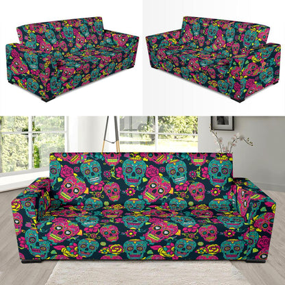 Sugar Skull Floral Design Themed Print Sofa Slipcover-JTAMIGO.COM