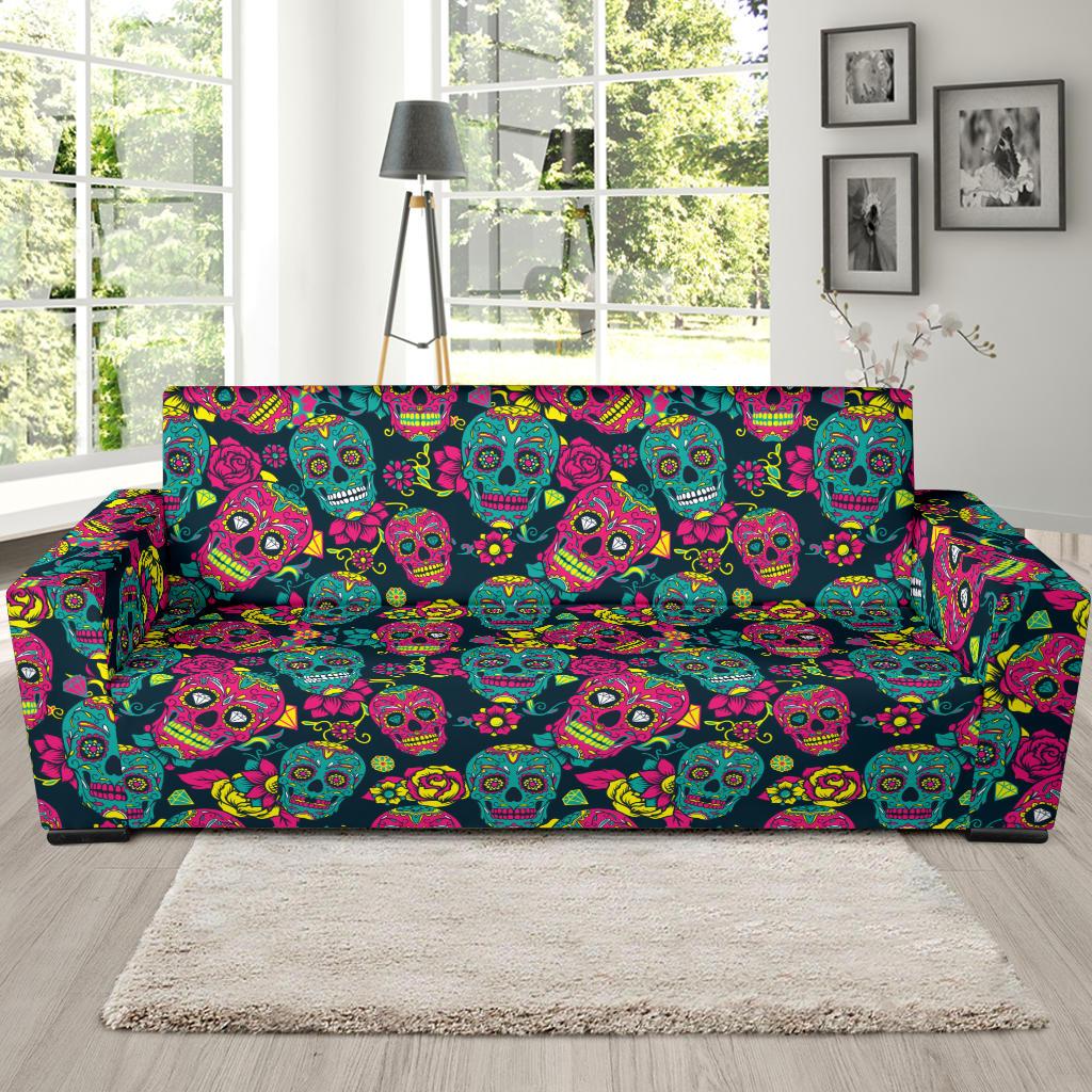 Sugar Skull Floral Design Themed Print Sofa Slipcover-JTAMIGO.COM