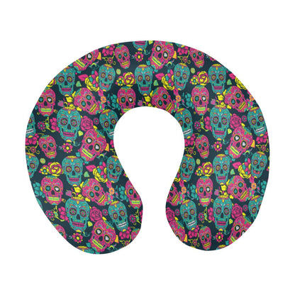 Sugar Skull Floral Design Themed Print U-Shaped Travel Neck Pillow-JTAMIGO.COM