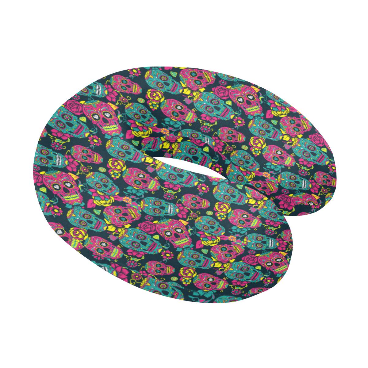 Sugar Skull Floral Design Themed Print U-Shaped Travel Neck Pillow-JTAMIGO.COM