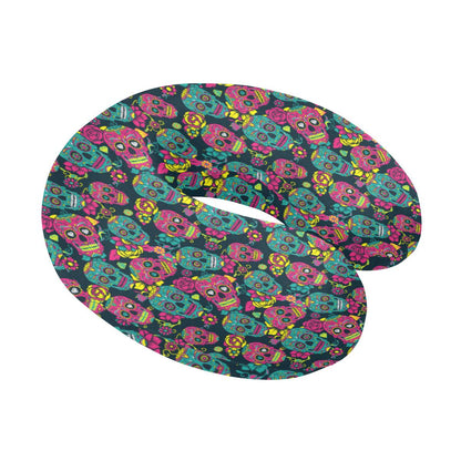 Sugar Skull Floral Design Themed Print U-Shaped Travel Neck Pillow-JTAMIGO.COM