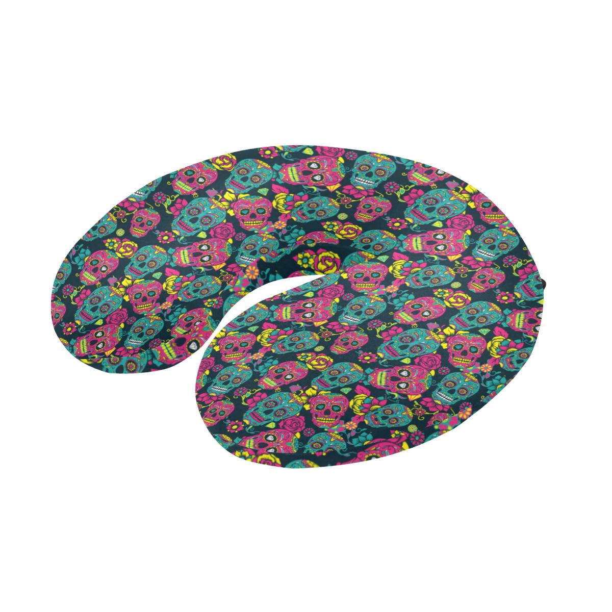 Sugar Skull Floral Design Themed Print U-Shaped Travel Neck Pillow-JTAMIGO.COM