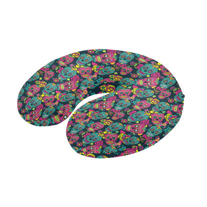 Sugar Skull Floral Design Themed Print U-Shaped Travel Neck Pillow-JTAMIGO.COM