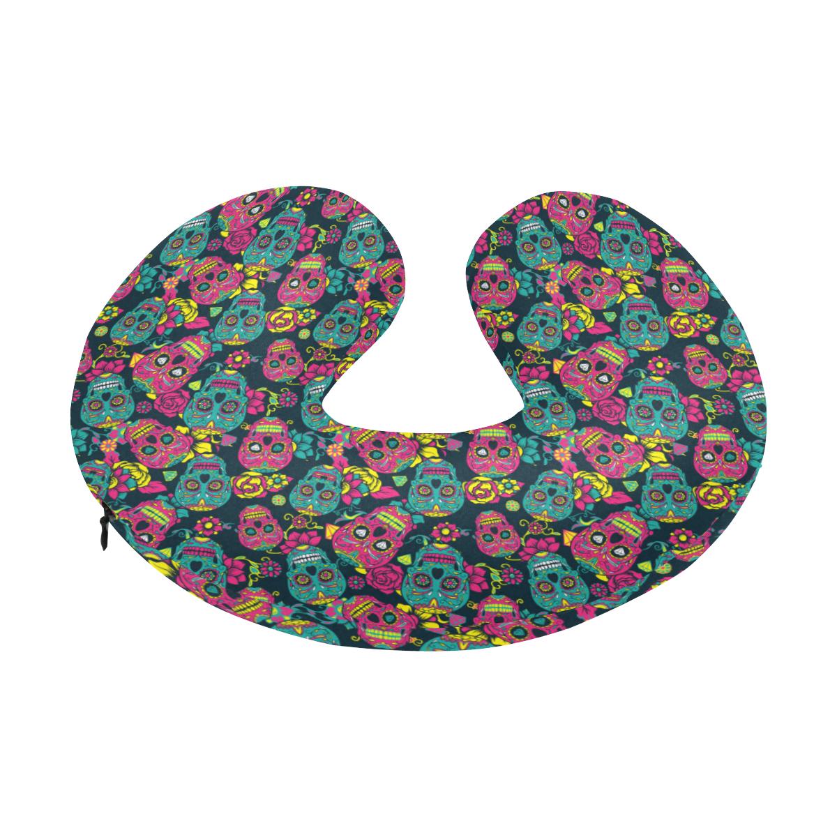 Sugar Skull Floral Design Themed Print U-Shaped Travel Neck Pillow-JTAMIGO.COM