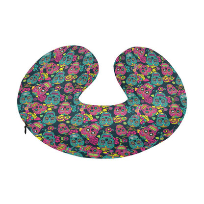 Sugar Skull Floral Design Themed Print U-Shaped Travel Neck Pillow-JTAMIGO.COM