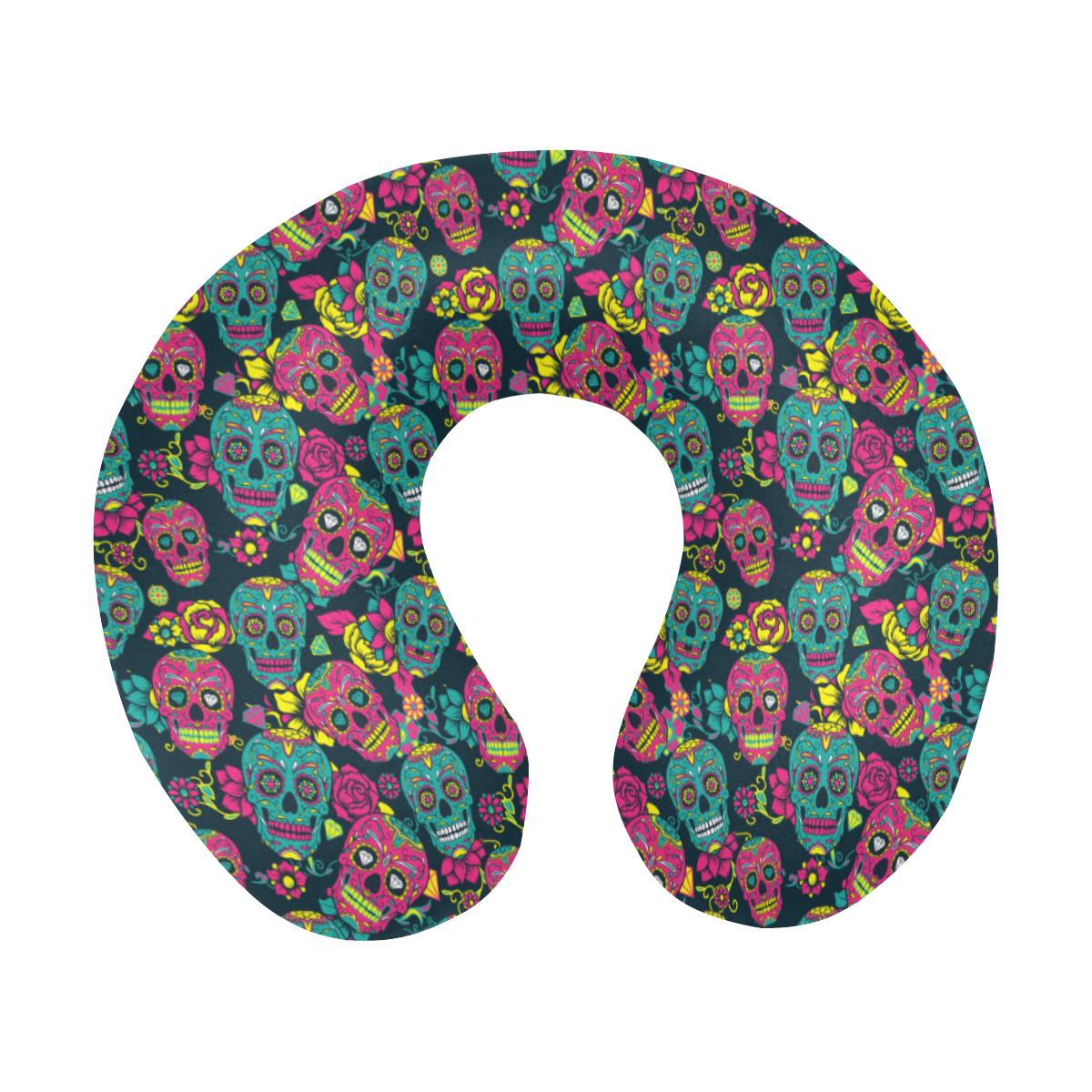 Sugar Skull Floral Design Themed Print U-Shaped Travel Neck Pillow-JTAMIGO.COM
